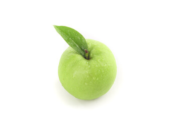Fresh Green Apple with Leaf and Water Drops Isolated on White Background