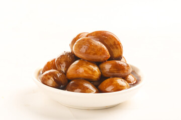 Sweet Glazed Dates in White Bowl Isolated on White Background - Healthy Natural Snack Food