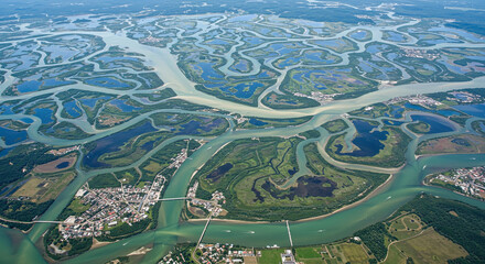Intricate River Delta Aerial View with Green Islands