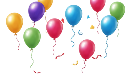 Colorful Floating Balloons and Confetti on Transparent Background