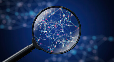 Magnifying Glass Shows Connected Network on Dark Blue Background