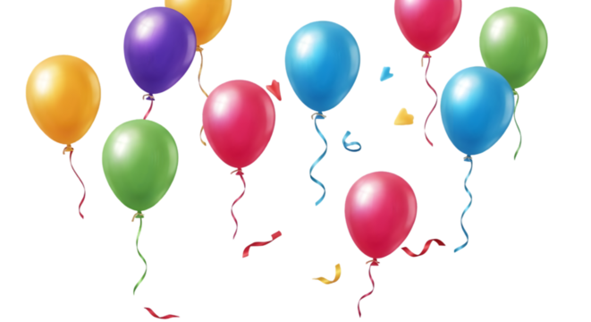 Colorful Floating Balloons and Confetti on Transparent Background