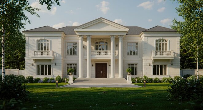 Grand Classical Mansion Exterior with Lush Green Lawn