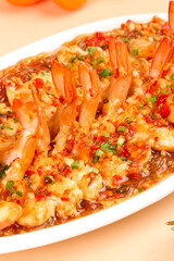 Steamed Shrimp with Garlic Sauce on White Plate - Asian Seafood Dish