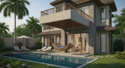 Fototapeta premium Luxury Tropical Villa with Private Pool and Hammock