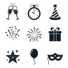 Fototapeta premium New Years Eve Celebration Icon Set with Champagne Toast Clock and Party Decorations for Festive Occasions