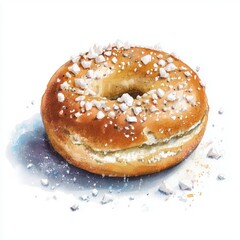 Watercolor illustration of a salt bagel sprinkled with large salt crystals on golden crust, hand-painted detail, isolated on white background.