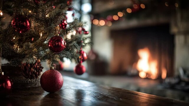 Christmas tree red ornament pine cone wooden table fireplace warm light holiday festive cozy winter blurred background create joyful and inviting seasonal atmosphere indoors with bokeh
