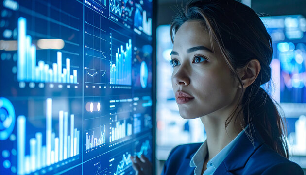 Close-up photo of a businessperson analyzing futuristic financial data on a transparent - Powered by Adobe