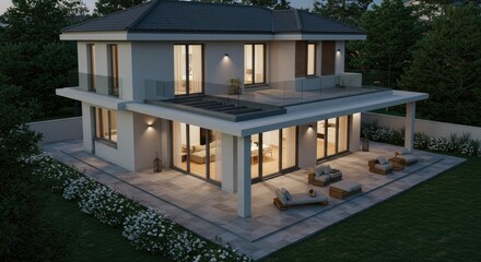 Fototapeta premium Modern Luxury House Exterior with Outdoor Living Space at Dusk