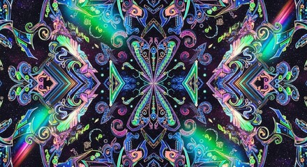 Intricate and ornate kaleidoscopic vision with shimmering rainbow colors and symmetrical patterns for a hypnotic effect