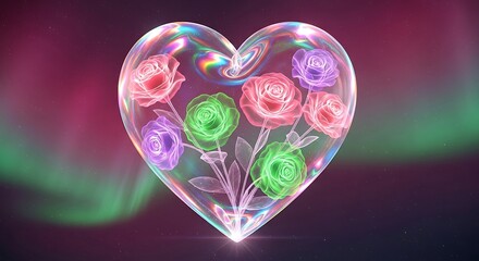 Crystal heart with roses and aurora effect