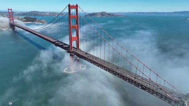 Golden Gate Bridge Aerial At San Francisco In California United States. Megalopolis Downtown Cityscape. Business Travel. Golden Gate Bridge Aerial At San Francisco In California United States. 
