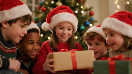 A Christmas scene featuring four children of diverse backgrounds gathered around a beautifully decorated Christmas tree. Christmas, Christmas Tree, Merry Christmas, Christmas Background
