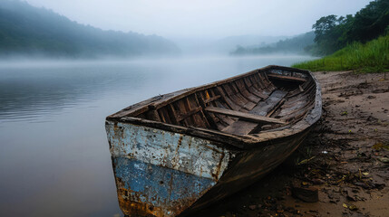 Obraz premium Misty Morning View of Abandoned Wooden Boat on Calm Water Surrounded by Lush Greenery and Foggy Landscape
