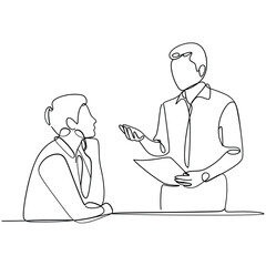 Two people in a meeting discussing a document with one person holding papers