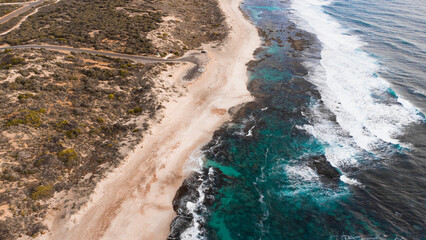 Drone pictures of Kalbarri's beach, a coastal town in the Mid West region located 592 km (368 mi) north of Perth, Western Australia. The town is located at the mouth of the Murchison River.