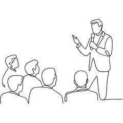 Speaker addresses an attentive audience in a minimalist line drawing