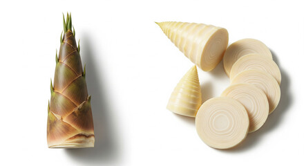 Raw Bamboo Shoots and Slices on Isolated transparent background