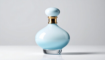 Elegant Perfume Bottle: A sophisticated, light blue perfume bottle with a golden cap, embodying luxury and freshness.