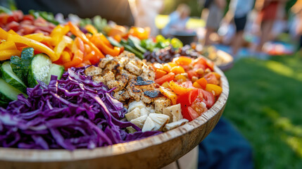 Colorful and Fresh Vegetable Medley in a Large Bowl at a Vibrant Outdoor Gathering, Perfect for Healthy Lifestyle and Summer Barbecue Events