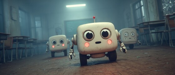 Future classrooms: blending education with ai technology. Thriller poster. Ai-powered interactive educational environment with tablet use. Adventure poster. Blockbuster poster.