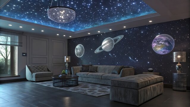 Immersive galaxy themed living room with celestial mural and starry ceiling creating a cosmic escape