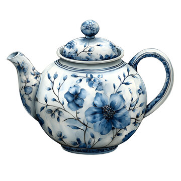 Beautiful blue floral teapot on transparent background