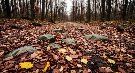 Obraz premium Forest path covered in fallen autumn leaves and rocks, leading into the woods