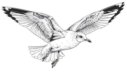 Obraz premium Black and white illustration of a seagull in flight