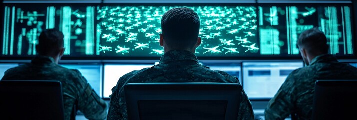 Medium wide shot of soldiers monitoring holographic projection of drone swarm path inside military control room.