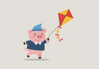 Cute Pig Character Flying a Red and Yellow Kite