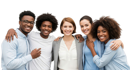 A group of five young adults, three men and two women, of diverse ethnicities, smiling and embracing each other, isolated on transparent background