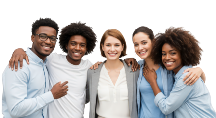 A group of five young adults, three men and two women, of diverse ethnicities, smiling and embracing each other, isolated on transparent background