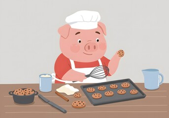 Cute Pig Chef Baking Cookies