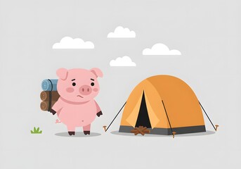 Sad Pig Character with Backpack and Tent on a Camping Trip