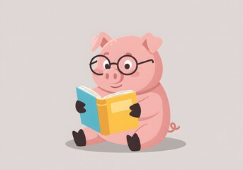 Cute Pig Wearing Glasses Reading a Book