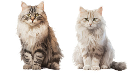 Two cats sitting side by side with matching pointed ears adorable pets on white background