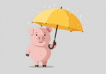 Cute Pig Holding Yellow Umbrella in the Rain