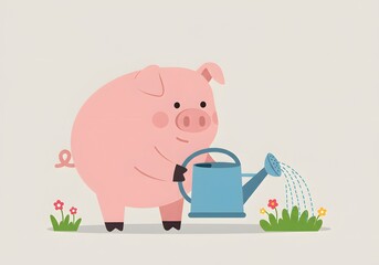 Cute Pink Pig Watering Flowers with Blue Watering Can - Flat Design