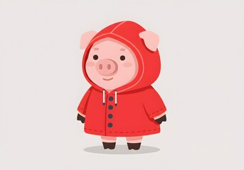 Cute Cartoon Pig in Red Raincoat Illustration