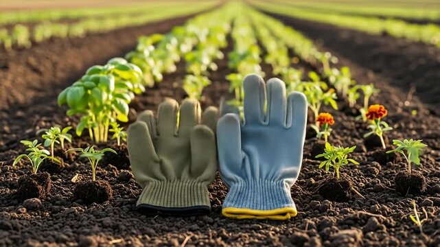 Gardening gloves rest on dark soil, amidst rows of growing crops in a sunlit field