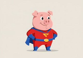 Fototapeta premium Cute cartoon superhero pig in red and blue costume with cape