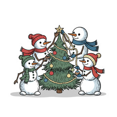 A cheerful family of four cartoon snowmen in winter hats and scarves decorating a Christmas tree.