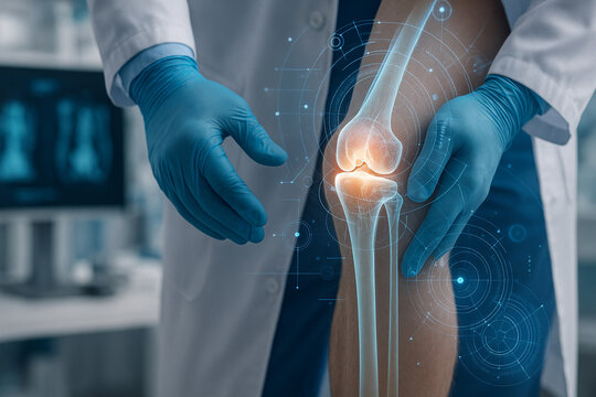 AI generated medical sci fi concept of doctor examining human knee with glowing holographic bone structure showing pain diagnosis and futuristic healthcare technology visualization