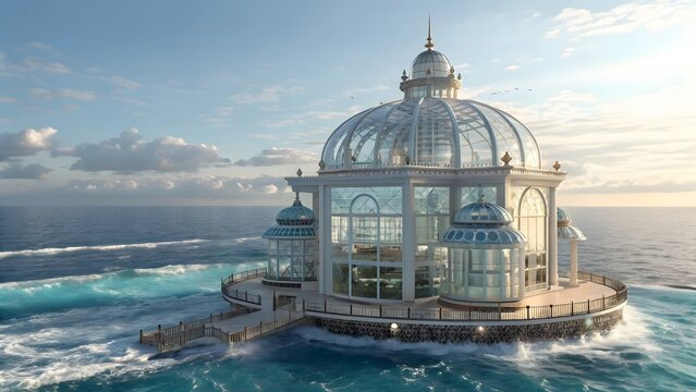Ornate domed structure with glass walls floats serenely on a vast ocean under a bright sky
