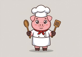 Cute Cartoon Pig Chef Holding Spoon and Spatula