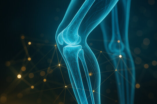 AI generated ultra realistic medical hologram of human knee joint glowing in blue light with digital connections symbolizing precision science and hope in advanced healthcare