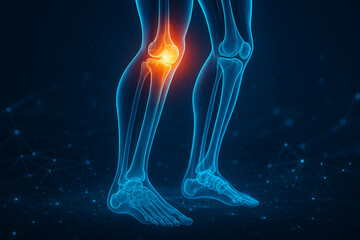 AI generated ultra realistic hologram of human legs showing knee joint highlighted in glowing orange with neon blue bones futuristic medical science and digital health visualization