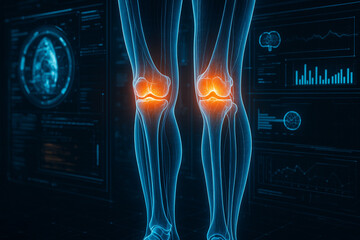 AI generated medical hologram of human legs showing glowing knee joints with futuristic digital interface highlighting anatomy analysis and health technology innovation